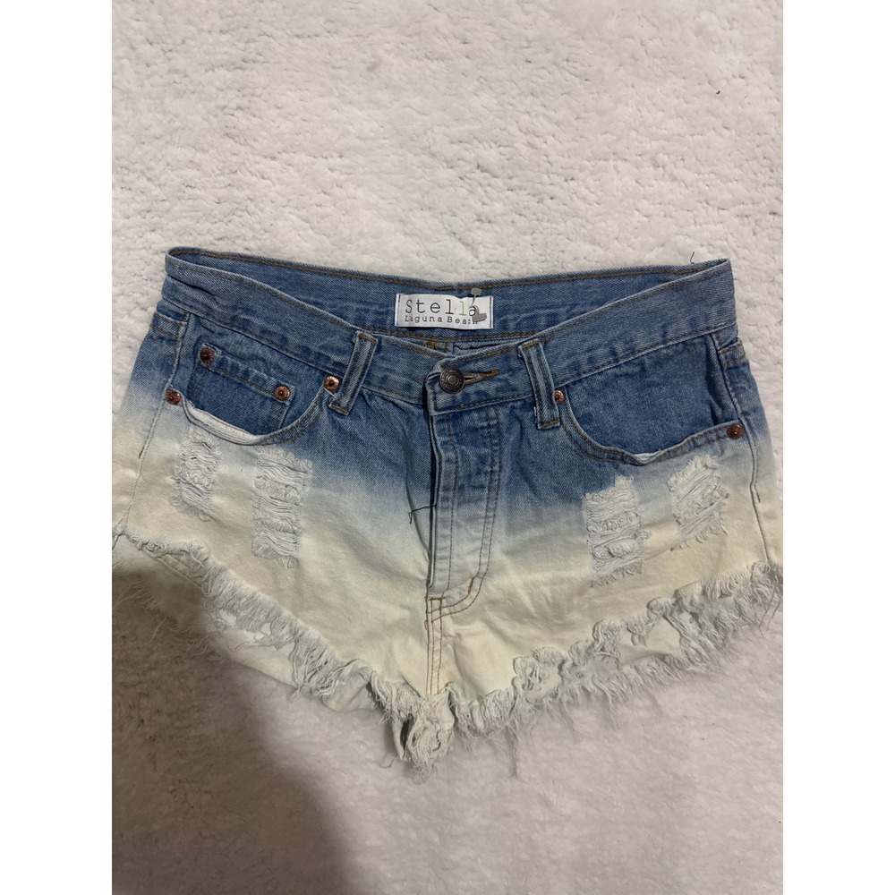 Stella Laguna Beach Denim Shorts Frayed Raw Hem Distressed Dip‎ Dye Blue White